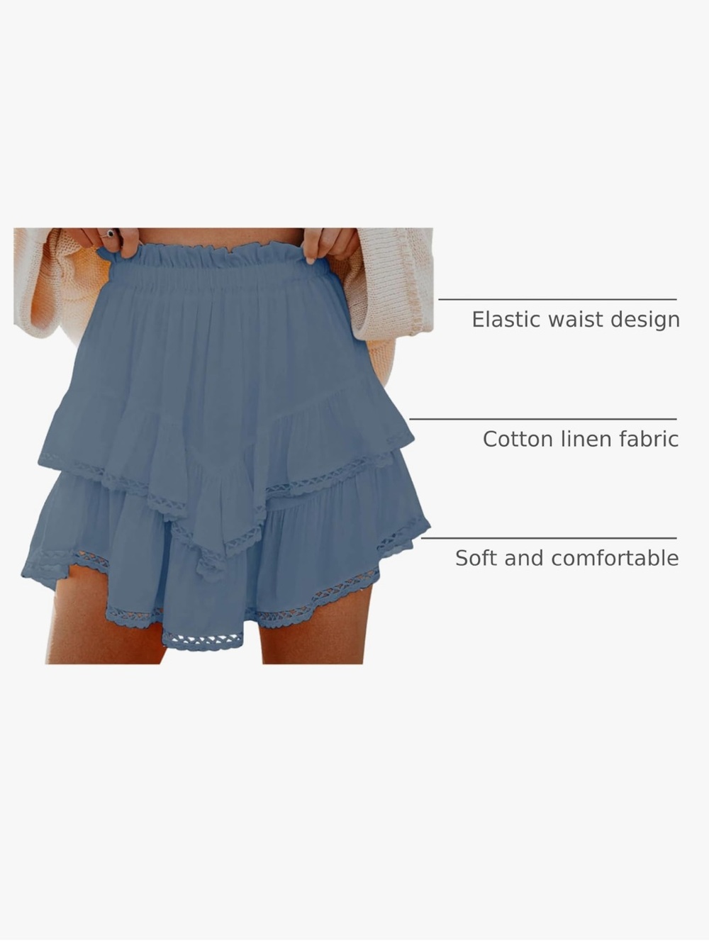 Flowy Shorts for Women Casual Ruffle Tiered Skorts High Waist powdered blue XXL - Picture 5 of 5
